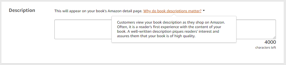 Kindle book blurb text area